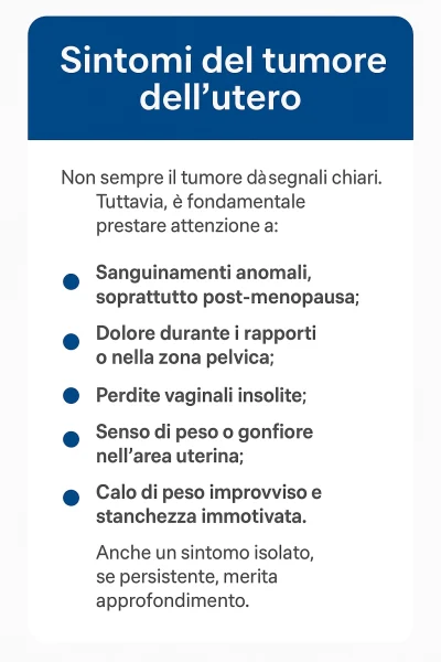 Infografica in italiano con la lista dei sintomi del tumore all'utero