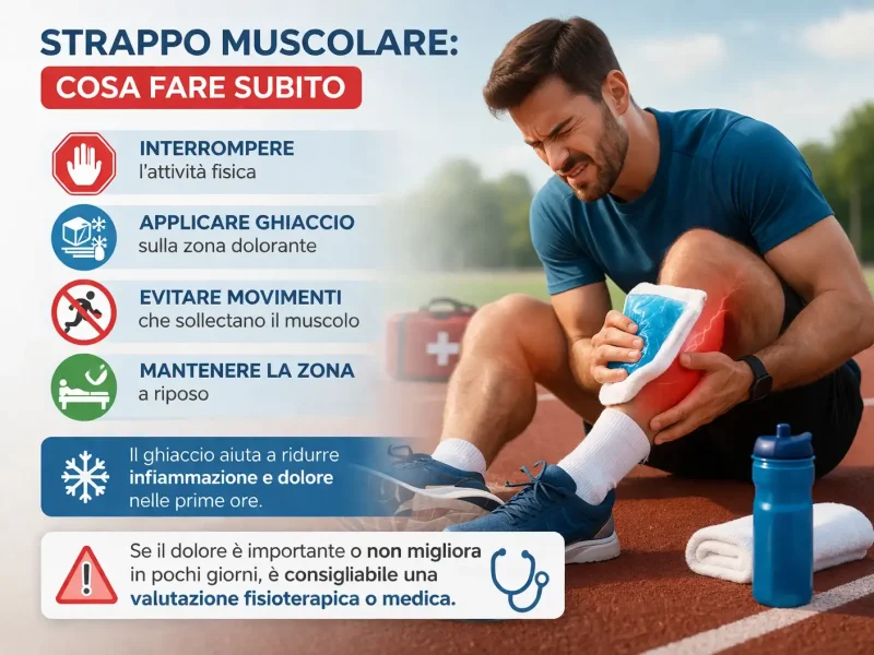 Infografica che descrive cosa fare subito dopo la comparsa di uno strappo muscolare