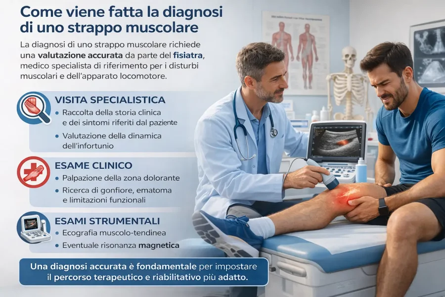 Infografica che illustra come avviene la diagnosi quando c'è uno strappo muscolare